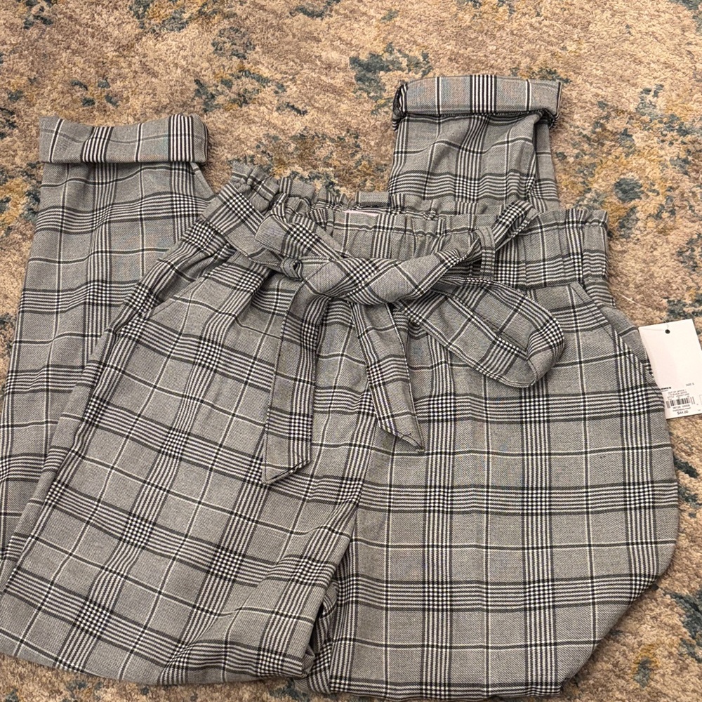Gray Plaid High-Waisted Pants